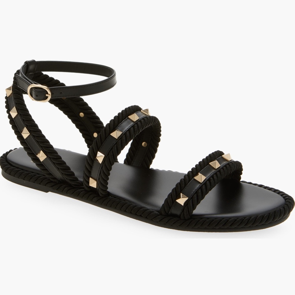 Valentino Garavani Black Rockstud Flat Leather & Textile Sandals sz 40 US 10 NIB